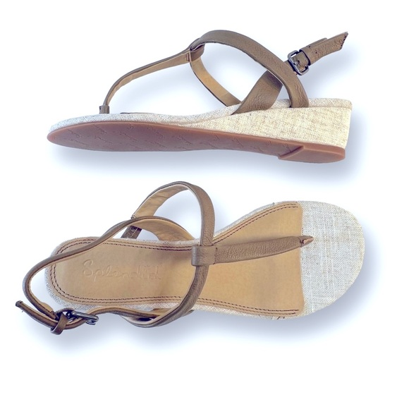SPLENDID T Strap Beige Linen and Taupe Leather  Wedge Sandals NEW IN BOX SZ 9 - Picture 10 of 11